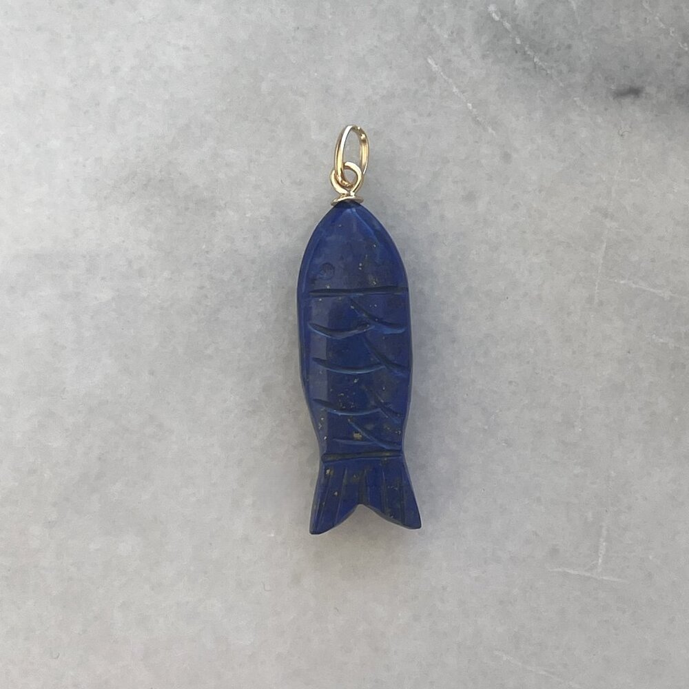 Solid 14K Yellow Gold Lapis Lazuli Lucky Fish Charm Natural Gemstone Pendant
